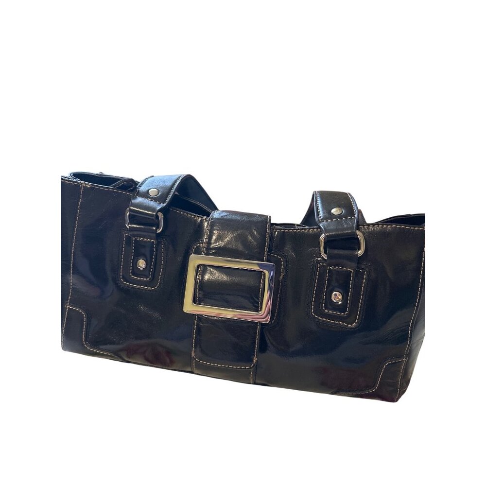 Peck & Peck Black Faux Leather Satchel With Silver Buckle Detail & Multiple Comp